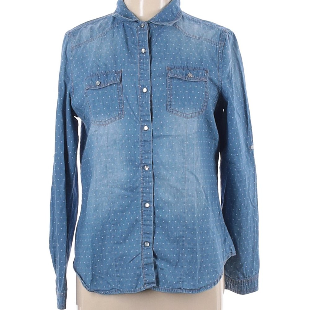 CAVALINI Blue Super Soft Stonewashed Polka Dot Snap-Button Tailored Shirt Size L